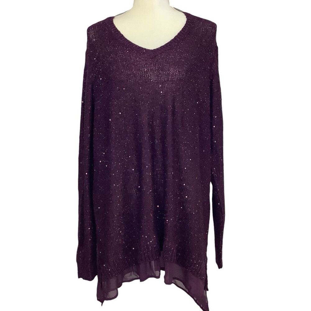 V Neck Long Sleeve Sparkle Sequin Sweater Tunic Top Women's 3X 22W - 24W Purple